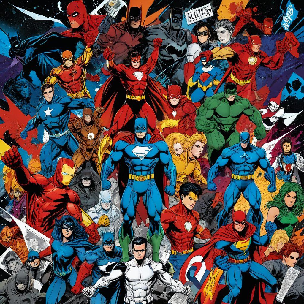 A vibrant collage of superheroes writing in dynamic digital diaries, surrounded by iconic pop culture symbols like comic books and movie posters. The scene captures action-packed backgrounds with splashes of color, showcasing diverse characters engaged in creative processes. Elements of technology, such as tablets and holographic displays, blend seamlessly into the composition. The overall atmosphere should radiate inspiration and creativity. vibrant colors. comic book art style.
