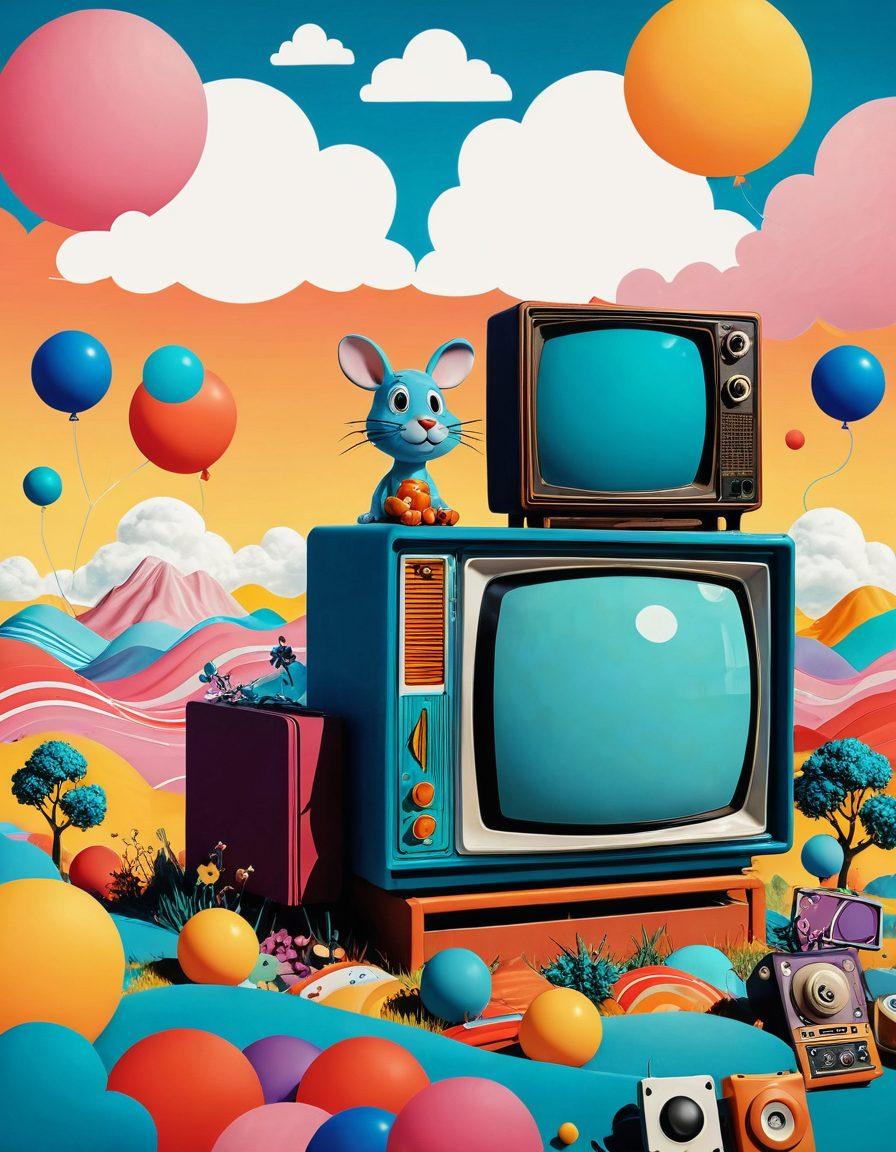A whimsical scene depicting a classic cartoon character transitioning into a modern blog layout, with colorful thought bubbles filled with nostalgic elements like retro toys and old TV screens. The background features a vibrant digital landscape merging nostalgia and creativity, blending elements of past and present. Emphasize a sense of transformation and joy in the design. bright colors. digital art. playful style.
