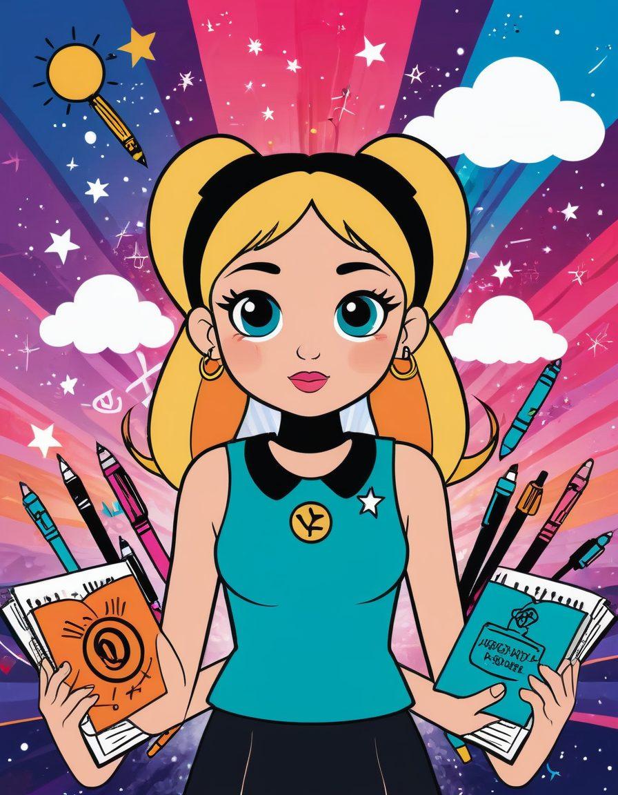 A vibrant digital collage featuring the Powerpuff Girls in action, surrounded by animated symbols of creativity like pens, notebooks, and glowing social media icons. The background blends bright pastel colors symbolizing inspiration and positivity, with hints of clouds and stars to represent imagination. Overlay motivational quotes in playful fonts. The overall mood should be energetic and empowering, embodying the spirit of blogging. colorful vector art. dynamic composition.